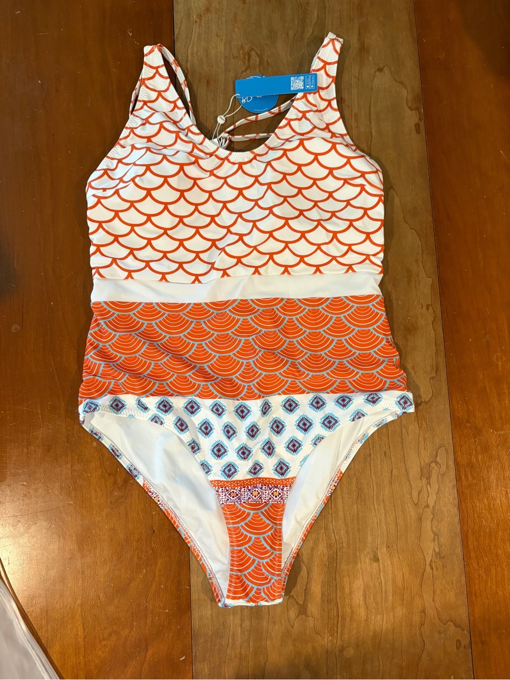 Lands' End Orange, Blue, and White Patterned One-Piece Swimsuit